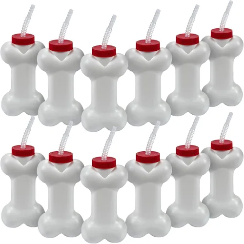 Fun Express 12 tazas de hueso de perro con pajitas de 7.5 pulgadas, tazas en forma de hueso de 14 onzas, suministros y recuerdos para fiesta de