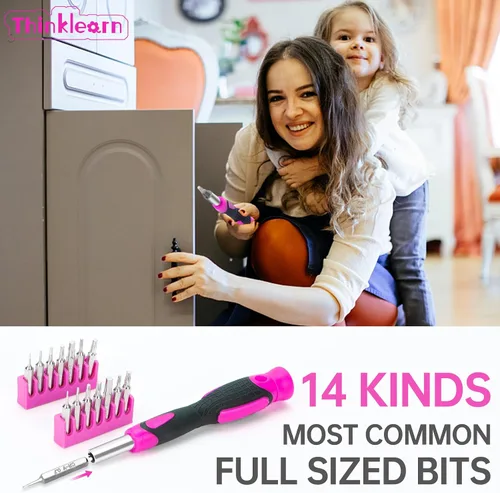 Miniatura 7 de Juego de taladro inalámbrico rosa de 8V, kit de herramientas de taladro Pink Power de 64 piezas para mujeres, juego de destornillador eléctrico