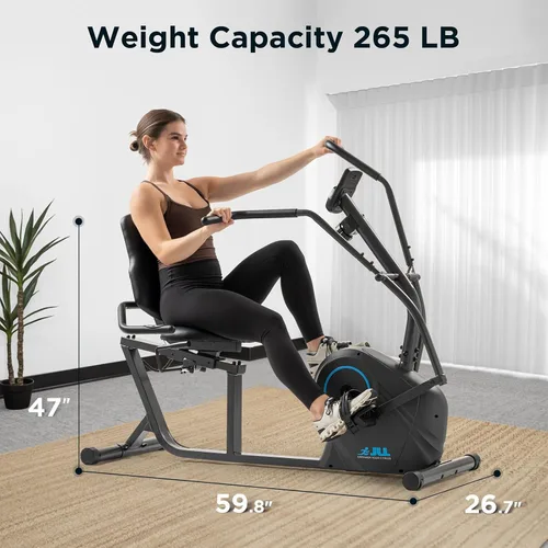Miniatura 7 de JLL Smart Cross Trainer Bicicleta estática reclinada con ejercitadores de brazos, máquina estacionaria de resistencia magnética de 8 niveles, LCD