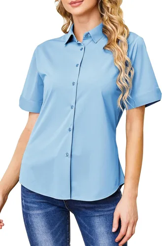 Miniatura 14 de Camisas con botones para mujer, sin arrugas, ajustadas, manga corta, formal, sólidas, blusas