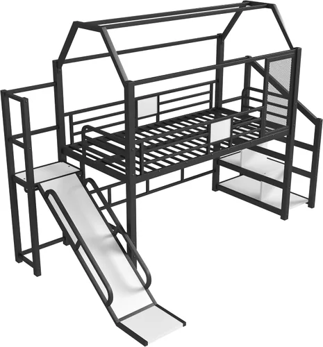 Miniatura 7 de Bellemave Cama Loft de Metal Tipo Casa Tamaño Twin con Tobogán y Escaleras, Marco de Cama Loft Casa de Juegos de Servicio Pesado con Estantes