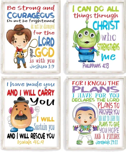 Toy Story - Juego de 4 impresiones de acuarela cristiana sin marco, Woody, Buzz Lightyear, Mr. Potato Head y Alien con versos de la Biblia