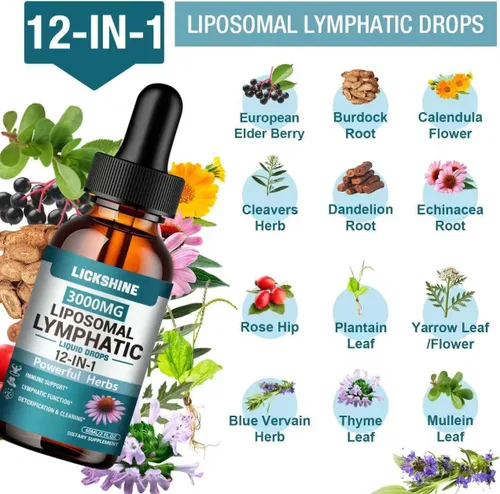 Miniatura 3 de 1 paquete de gotas de drenaje linfático liposomal de 3000 mg, 12 en 1 suplementos de drenaje linfático orgánico con bayas de saúco, raíz de bardana