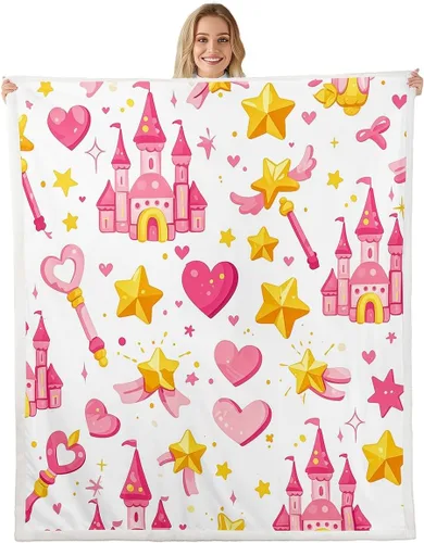 Miniatura 17 de Princess Flannel Blanket All Seasons,Rainbow Cloud Stars Butterfly Bed Blanket for Kawaii Home Decor,Dreamy Fairy Tale Castle Blanket for Kids Girls