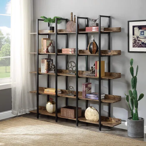 Miniatura 11 de Bellemave Estantería doble ancha de 5 niveles, estilo industrial, estantes abiertos de madera y metal para oficina en casa, fácil montaje (negro)