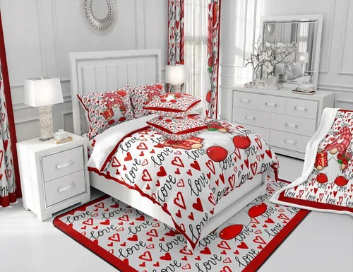 Miniatura 4 de Juego de funda de edredón de gnomo lindo para el día de San Valentín, tamaño individual, juego de ropa de cama con estampado de corazón rojo