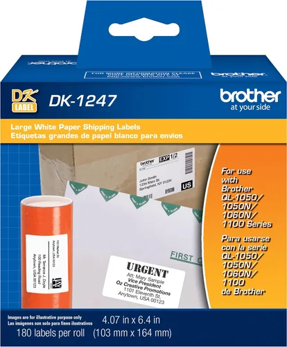 Brother DK-1247 - Etiquetas blancas de papel para envío grandes troqueladas para impresoras de etiquetas Brother QL – 180 etiquetas por rollo 4.07”