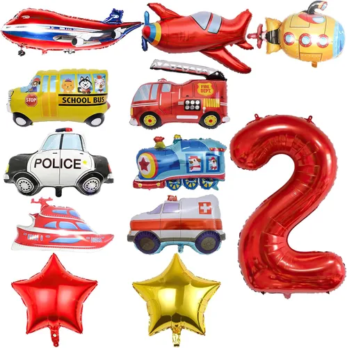 12 piezas de camiones de transporte, avión, autobús escolar, camión de bomberos, coche de policía, barco, ambulancia, submarino, globo de número de