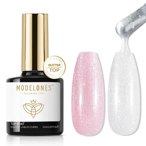 Modelones Esmalte de uñas en gel con purpurina, acabado brillante ultra fino blanco con aurora, purpurina transparente, acabado brillante con A1