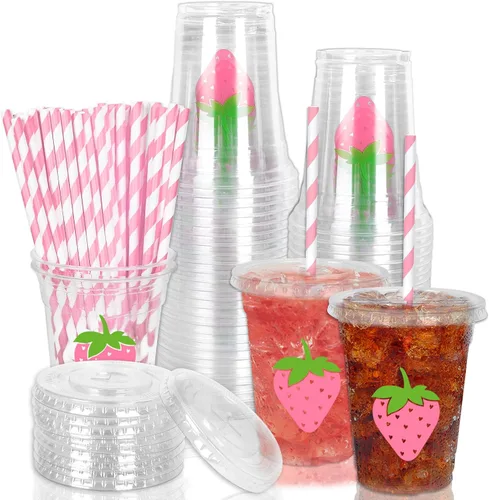 Miniatura 15 de Whaline 50 vasos de plástico desechables patrióticos de 12 onzas con tapas y pajitas con la bandera estadounidense del 4 de julio, vasos