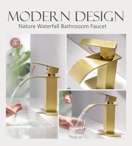 Miniatura 2 de Grifos de baño dorados, modernos de un solo agujero, boquilla de cascada de oro cepillado con ensamblaje de drenaje y manguera, acero inoxidable 304