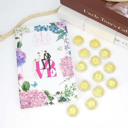 Miniatura 3 de TINGKU Juego de monedas de oro español (13 unidades), caja de almacenamiento con diseño de colección de libros para ceremonia de boda, regalo