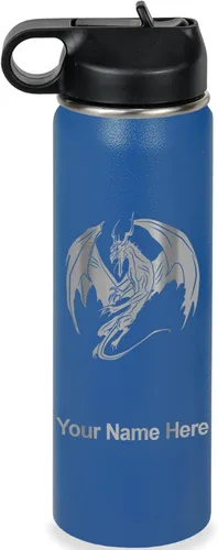 Miniatura 29 de LaserGram Botella de agua con tapa abatible de doble pared de 12 onzas con pajilla, dragón, grabado personalizado incluido (negro)