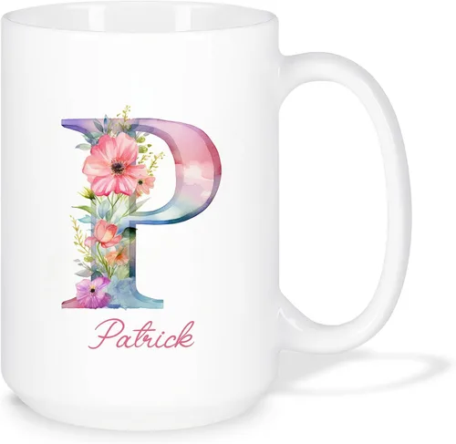 Miniatura 9 de Taza de café personalizada de la letra A del alfabeto, Taza de café blanca con nombre personalizado único, Taza inicial de monograma floral