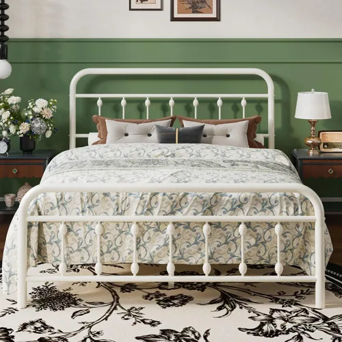 SHA CERLIN Estructura de Cama de Plataforma de Metal Tamaño Queen con Cabecera y Pie de Cama de Hierro Forjado Estilo Victoriano, Fácil Montaje,