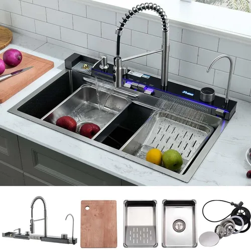 Miniatura 12 de Fregadero de cocina de cascada negro de 30 pulgadas con grifo extraíble, fregadero de cascada de 30 x 18 pulgadas, pantalla digital negra