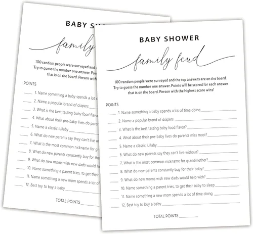 Miniatura 28 de Family Feud - Juego de baby shower, paquete de 30 tarjetas, clave de respuestas, decoraciones de género neutro, suministros de juego