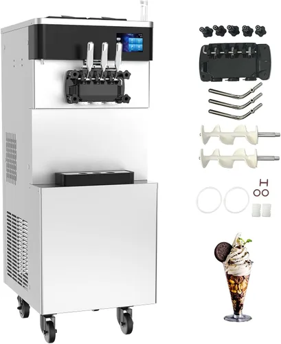 Miniatura 8 de Máquina comercial para hacer helados, 110 V, 2200 W, 3 sabores para encimera, suave, 5,3 a 7,4 galones/H, preenfriamiento, pantalla táctil LCD