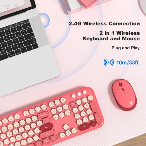 Miniatura 143 de KNOWSQT Combo de teclado y ratón inalámbrico, teclados lindos de tamaño completo estilo máquina de escribir 2.4G azul colorido - receptor USB Plug