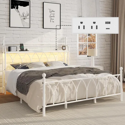 Miniatura 14 de E-Ser Marco de cama de plataforma de metal tamaño twin con cabecera de almacenamiento, marco de cama con luz LED, estación de carga integrada