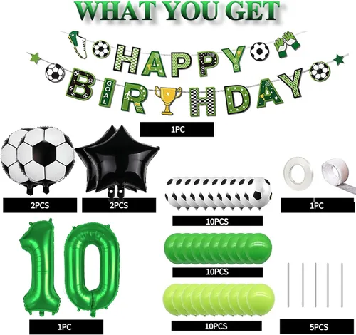 Miniatura 2 de Decoraciones de fiesta de cumpleaños número 10 para niños, decoraciones de fiesta de cumpleaños de fútbol, pancarta de feliz cumpleaños, suministros