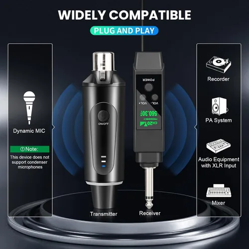 Miniatura 5 de Depusheng Sistema de micrófono inalámbrico de 2.4 GHz Transmisor y receptor con ajuste de volumen, baja latencia, recargable, rango de 150 pies