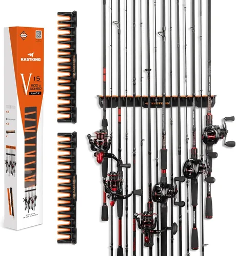 Miniatura 10 de KastKing V15HD Soporte vertical para caña de pescar resistente – Soporte para caña de pescar montado en la pared, almacena 15 cañas grandes o combos