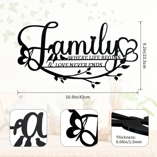 Miniatura 2 de Letrero Familiar de Metal Negro para Pared, Oppro Letrero Familiar "Where Life Begins Love Never Ends" de Hierro Forjado, Decoración de Pared