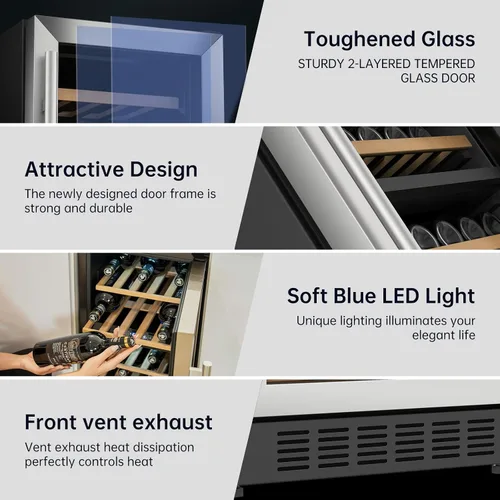 Miniatura 5 de KingChii Refrigerador de vino de doble zona de 15 pulgadas, con 26 botellas, compresor profesional, acero inoxidable y vidrio templado para vino