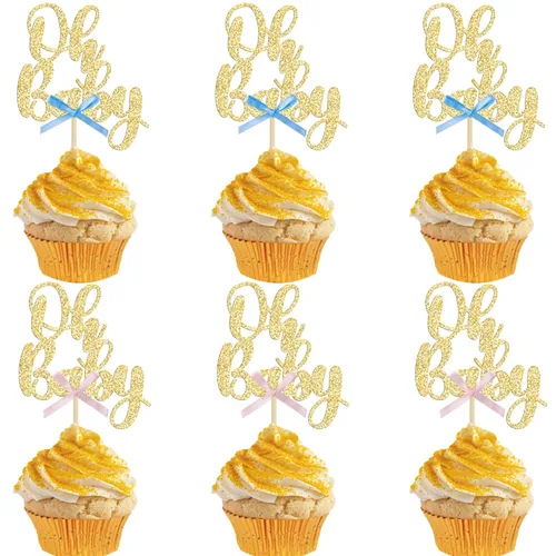 Gyufise 36 piezas Adornos para cupcakes Oh Baby con moño azul y rosa, brillante dorado, adornos para cupcakes de baby shower, adornos para cupcakes