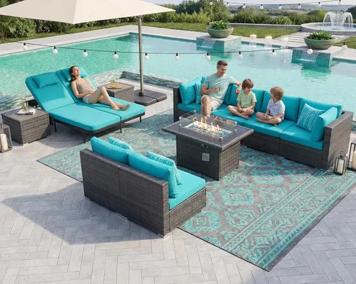 Miniatura 30 de NICESOUL Juego de muebles de patio para exteriores de 7 piezas con mesa para hoguera, gas natural y propano convertible, respaldo alto de 29.3
