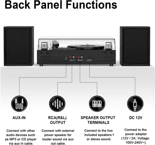 Miniatura 6 de Tocadiscos Bluetooth con altavoces externos tocadiscos de transmisión por correa para discos de vinilo, altavoces estéreo duales, reproductores LP