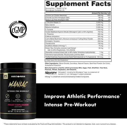Miniatura 5 de Anabolic Warfare Black Series Maniac, polvo de pre-entrenamiento, soporta óxido nítrico, bombas musculares y síntesis de proteínas* Explosión