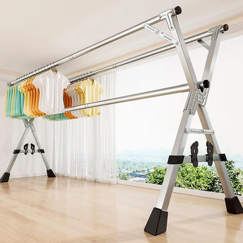 Miniatura 6 de Tendedero de ropa de 63 pulgadas, de acero inoxidable, con ruedas, plegable, para uso en interiores y exteriores, terraza, sótano, lavadero