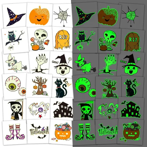 Ozepao 112 tatuajes de Halloween brillantes (2 x 2 pulgadas) para niños, tatuajes temporales luminosos de Halloween para regalos de fiesta, bolsas