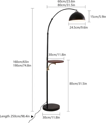 Miniatura 7 de Lámpara de pie industrial con mesa de madera, moderna lámpara de pie de arco negro para sala de estar, lámpara de poste de pie con base de mármol