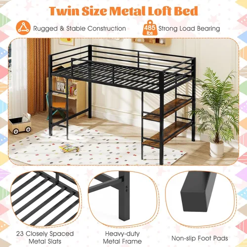 Miniatura 5 de Giantex Cama baja tipo loft tamaño individual, marco de metal resistente con estantes de almacenamiento, escalera y barandillas de longitud
