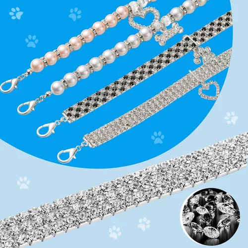 Miniatura 4 de Juego de 4 collares de perlas de diamantes de imitación para perro y gato, correa ajustable para el cuello con diamantes de imitación de cristal