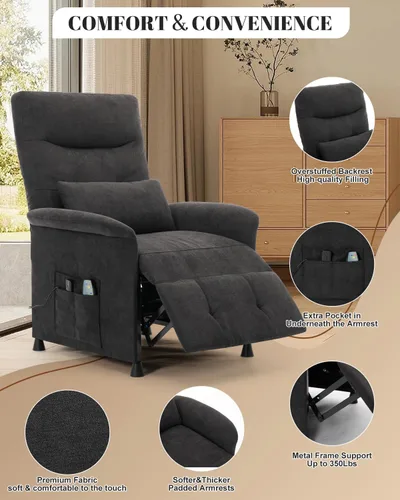 Miniatura 5 de Silla reclinable eléctrica para adultos, sofá reclinable eléctrico con masaje térmico y vibración, reclinable ajustable con bolsillo lateral