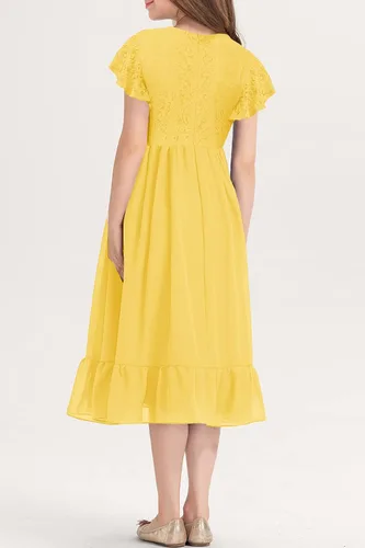 Miniatura 4 de MITILLY Vestido midi de gasa con volantes y cuello redondo y encaje elegante para niñas