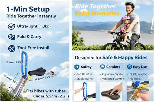 Miniatura 4 de UrRider Asiento de bicicleta para niños, asiento de bicicleta para niños de montaje frontal, apto para bicicletas de montaña, bicicletas de crucero