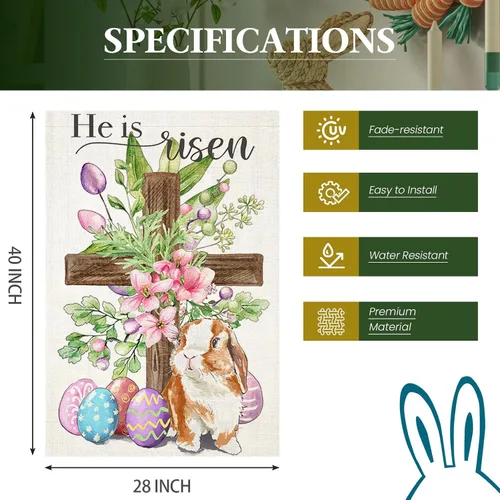 Miniatura 6 de Bandera de Pascua para exteriores, cruz religiosa con huevos de conejo, flores, banderas de patio para exteriores, bandera decorativa de primavera