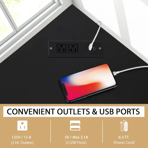 Miniatura 6 de Tangkula Escritorio esquinero con toma de corriente y puertos USB, escritorio triangular para computadora con estación de carga, estante de Negro