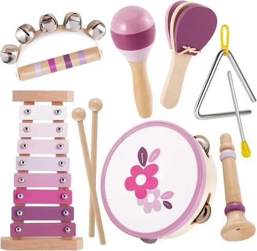 BUYGER Instrumentos musicales para bebés con xilófono, juegos de instrumentos de percusión de madera con bolsa de almacenamiento, regalos educativos