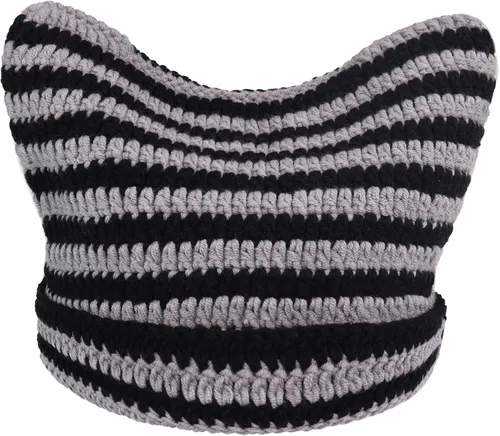Gorros de ganchillo para mujer, hechos a mano, con orejas de gato, gorro de invierno de zorro, estilo vintage, gótico, Grunge