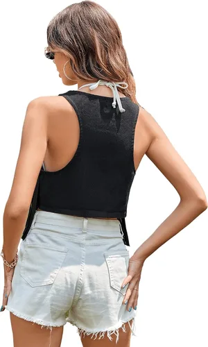 Miniatura 2 de SweatyRocks Chaqueta de mezclilla corta sin mangas con flecos y frente abierto para mujer