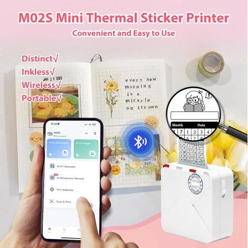 Miniatura 3 de M02S Mini impresora de etiquetas adhesivas Bluetooth Print Pod 300 DPI, aplicación inteligente de IA, foto, notas, diario