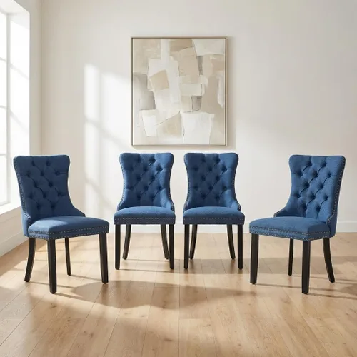 Miniatura 49 de OVENTA Juego de 4 sillas de comedor modernas tapizadas copetudas, terciopelo negro y gris y cuero con patas de madera maciza, sillas de cocina