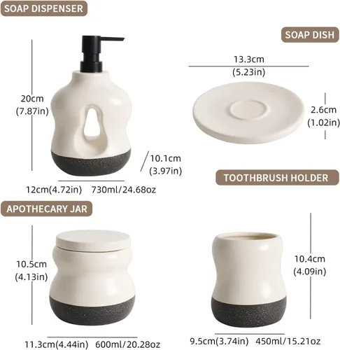 Miniatura 2 de BosilunLife Juego de 4 accesorios de baño de cerámica, dispensador de jabón hueco ondulado y artículos esenciales de tocador, beige de dos tonos