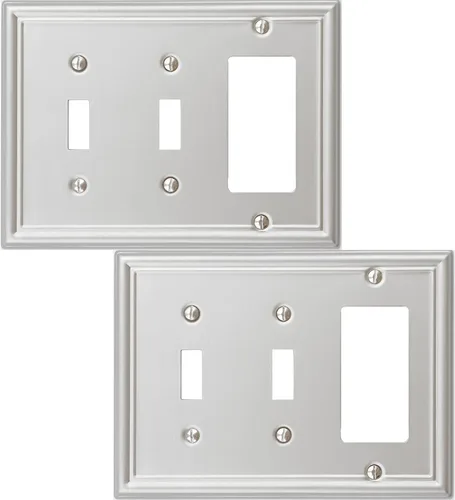 OKAWYC Cubierta de interruptor de luz doble palanca/decorador individual Luca de metal, placa de pared de 2 paquetes, níquel cepillado de 3 bandas,